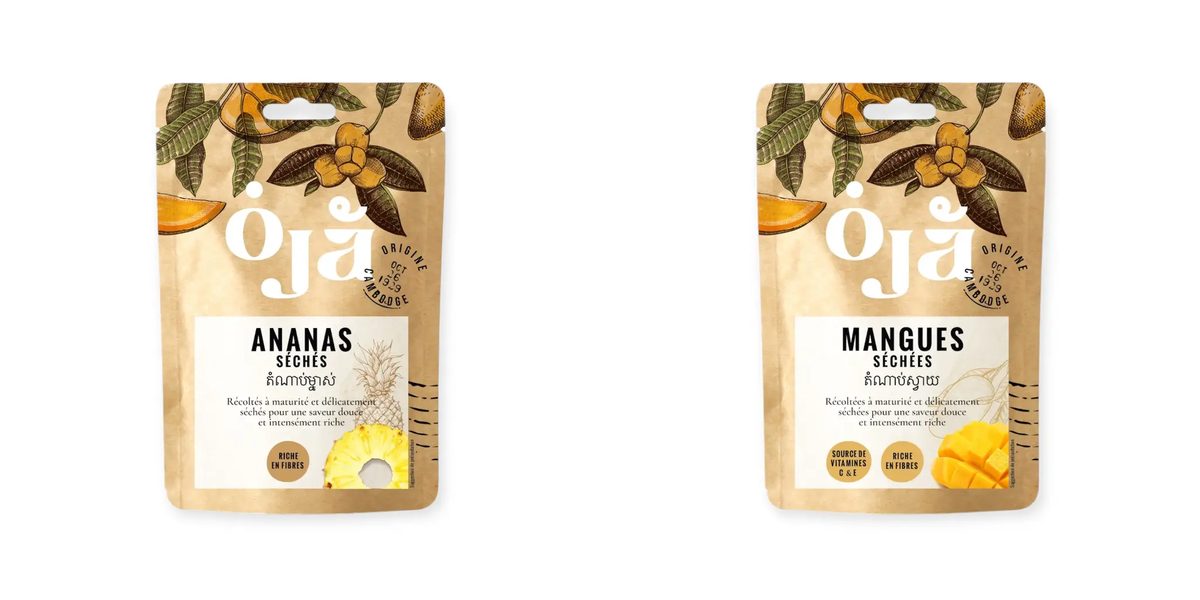 Les deux sachets gourmands OJA côte à côte : ananas séché gourmand et mangue séchée gourmande, montage des packshots du catalogue