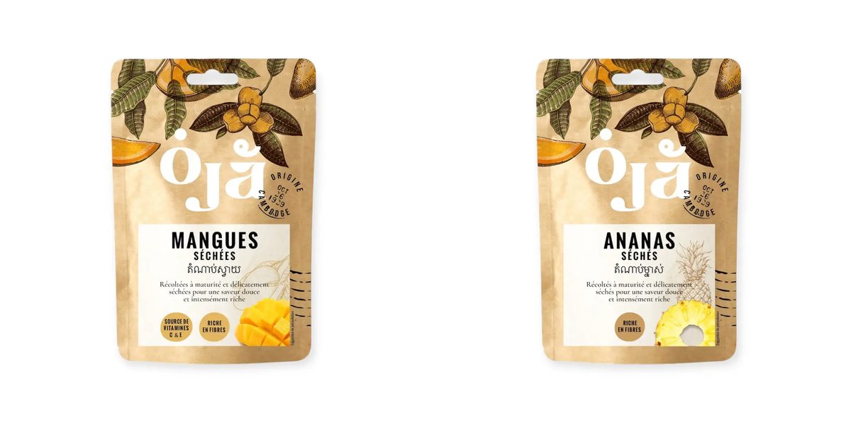 Les deux sachets gourmands OJA côte à côte : mangue séchée gourmande et ananas séché gourmand, montage des packshots du catalogue