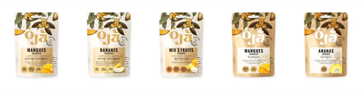 Les cinq sachets du pack gamme OJA : mangue, banane, mix trois fruits, mangue gourmande et ananas