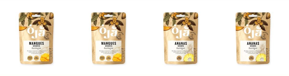 Les quatre sachets du pack : deux mangues séchées gourmandes et deux ananas séchés