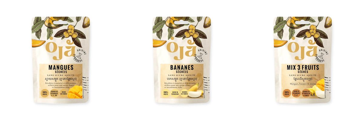 Les trois sachets OJA du pack, côte à côte : mangue séchée, banane séchée et mix de trois fruits, sans sucre ajouté