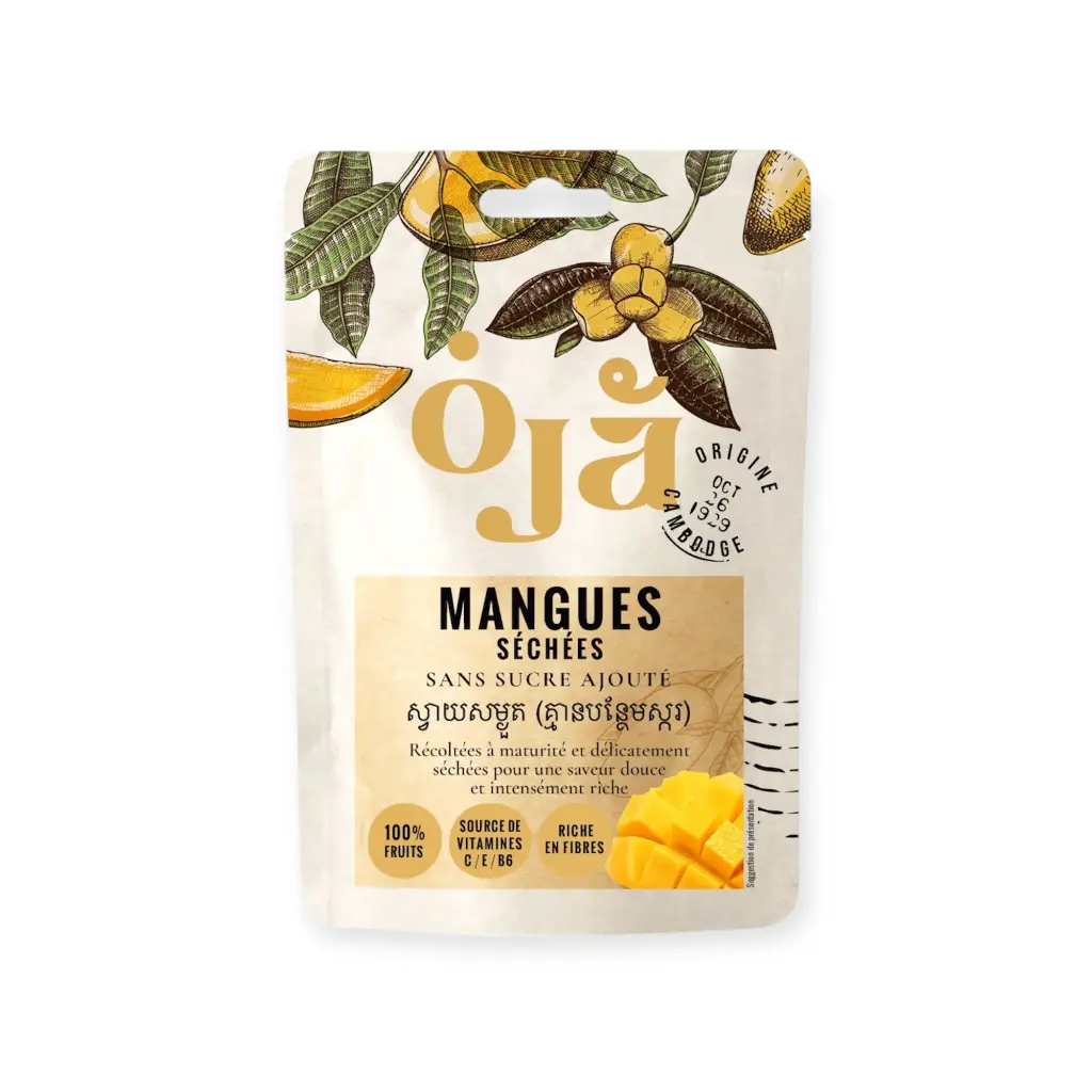Sachet de 100 g de mangue séchée sans sucre ajouté OJA, face avant, sur fond blanc