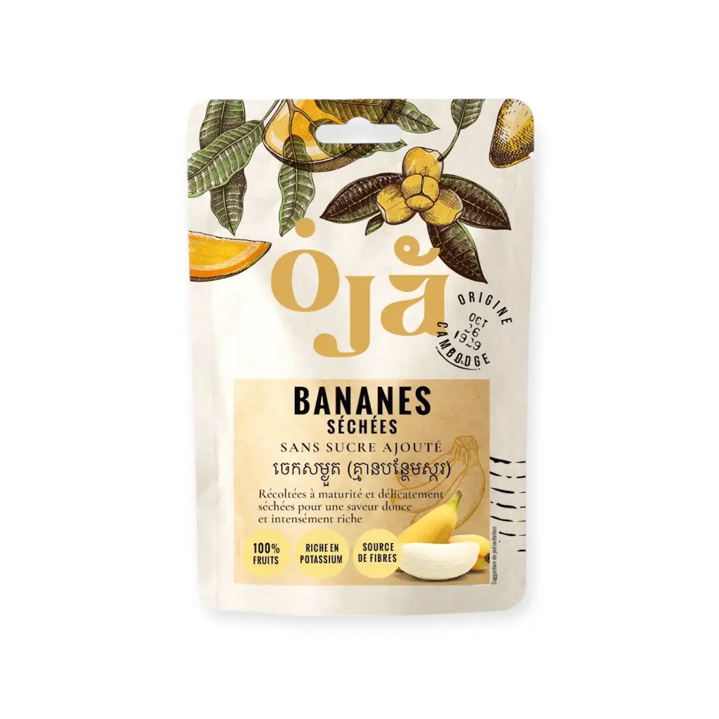 Sachet OJA de banane séchée sans sucre ajouté, 100 g, face avant