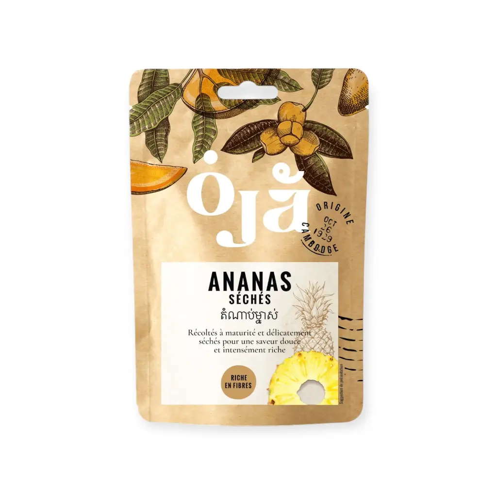 Sachet kraft de 100 g d'ananas séché gourmand OJA, face avant, packshot du catalogue
