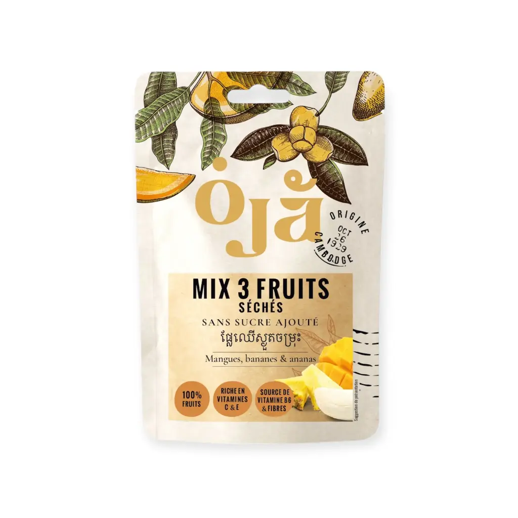 Sachet de 100 g de Mix 3 fruits séchés sans sucre ajouté OJA (mangue, banane, ananas)